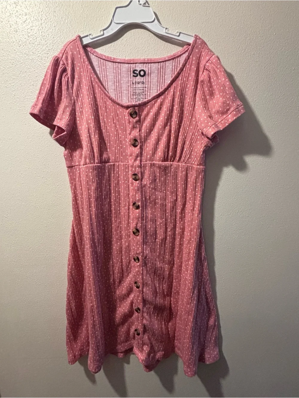 NWOT SO Girls Pink Ribbed Button Front Dress Polka Dot Puff Sleeve Size L 10/12